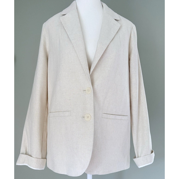 URBAN OUTFITTERS Size S Cream Linen Herringbone Blazer Jacket Neutral Minimalist - Picture 13 of 15